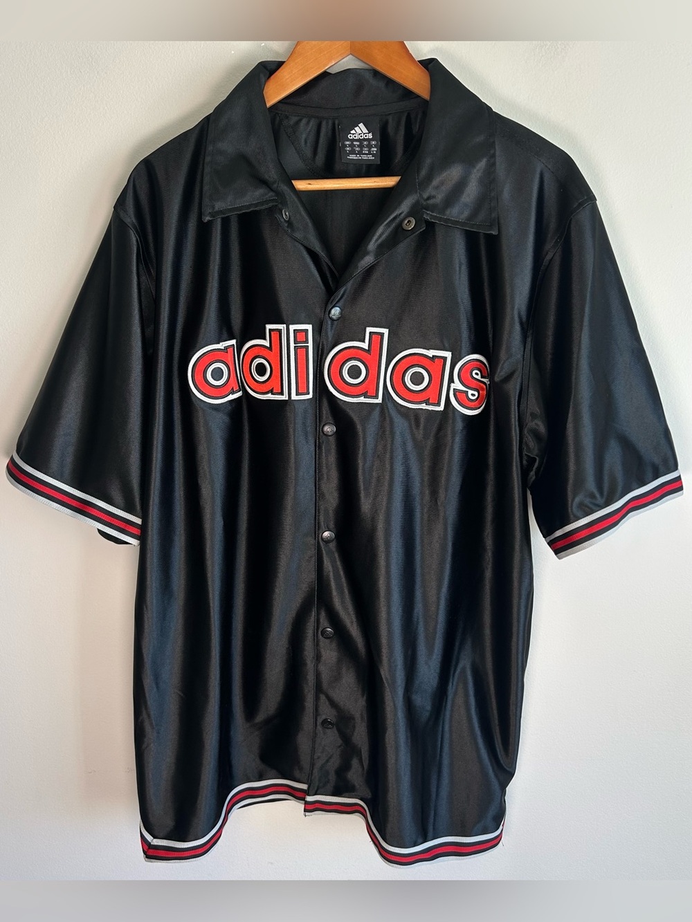Vintage Adidas Snap Button Up Track Warm Up Shirt Size L Black Red Shimmer Y2K